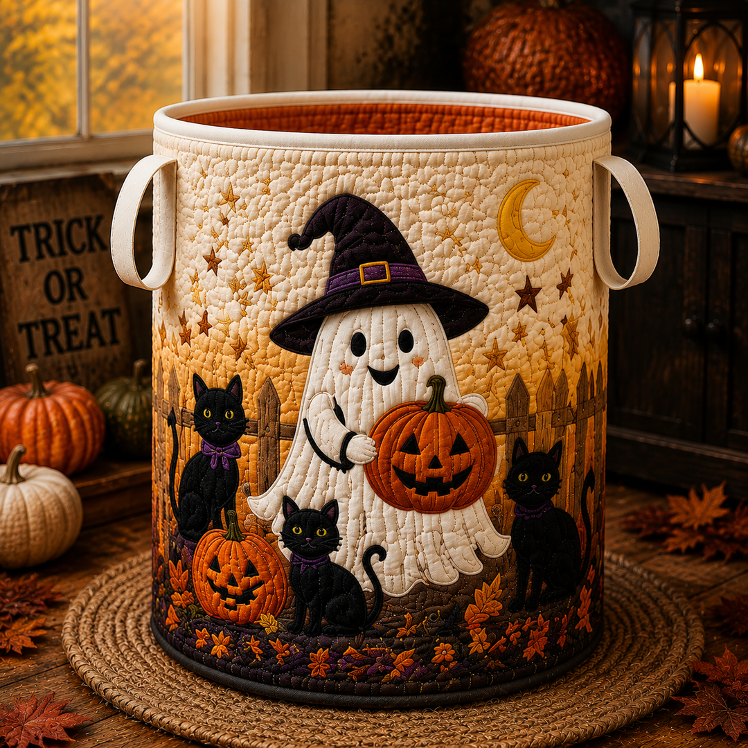 Quilted Laundry Basket – Witch, Ghost, and Black Cat