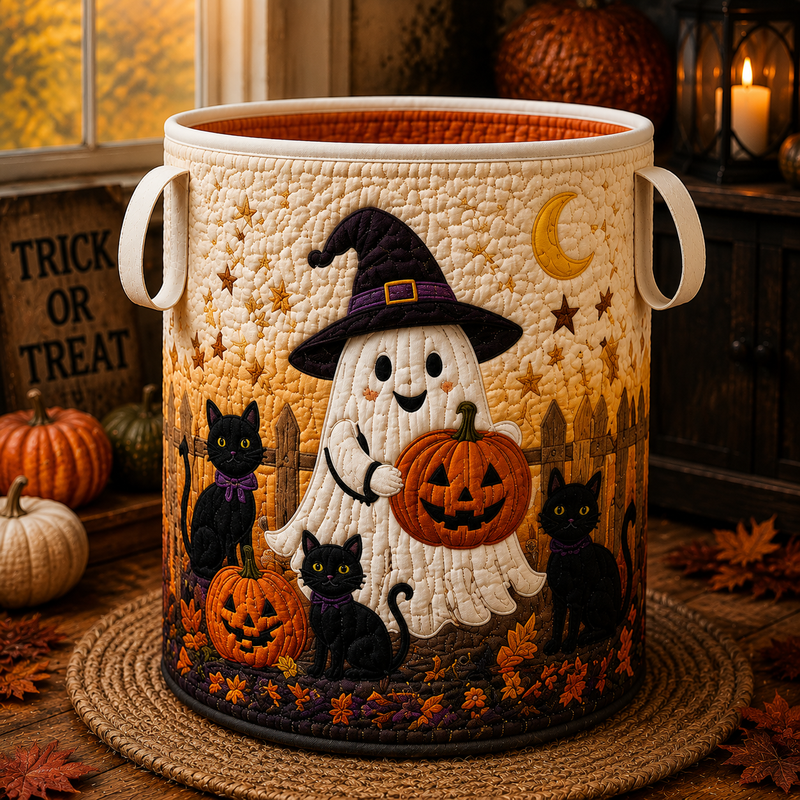 Quilted Laundry Basket – Witch, Ghost, and Black Cat